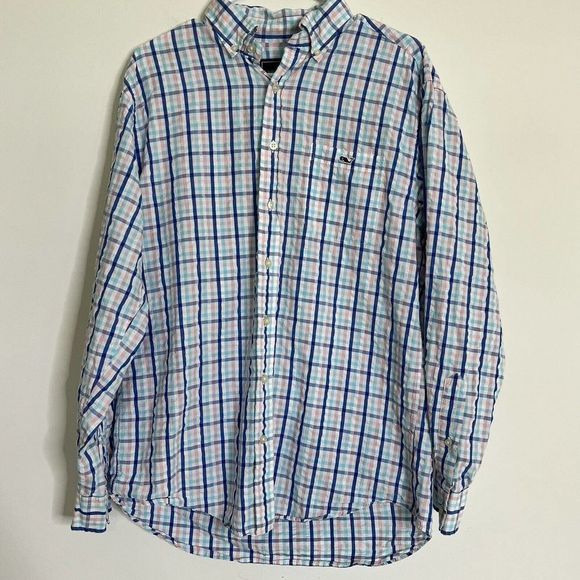 Vineyard Vines Tucker Button Up Shirt Mens Med Blue Pink Windowpane Plaid‎ Whale - Picture 1 of 9